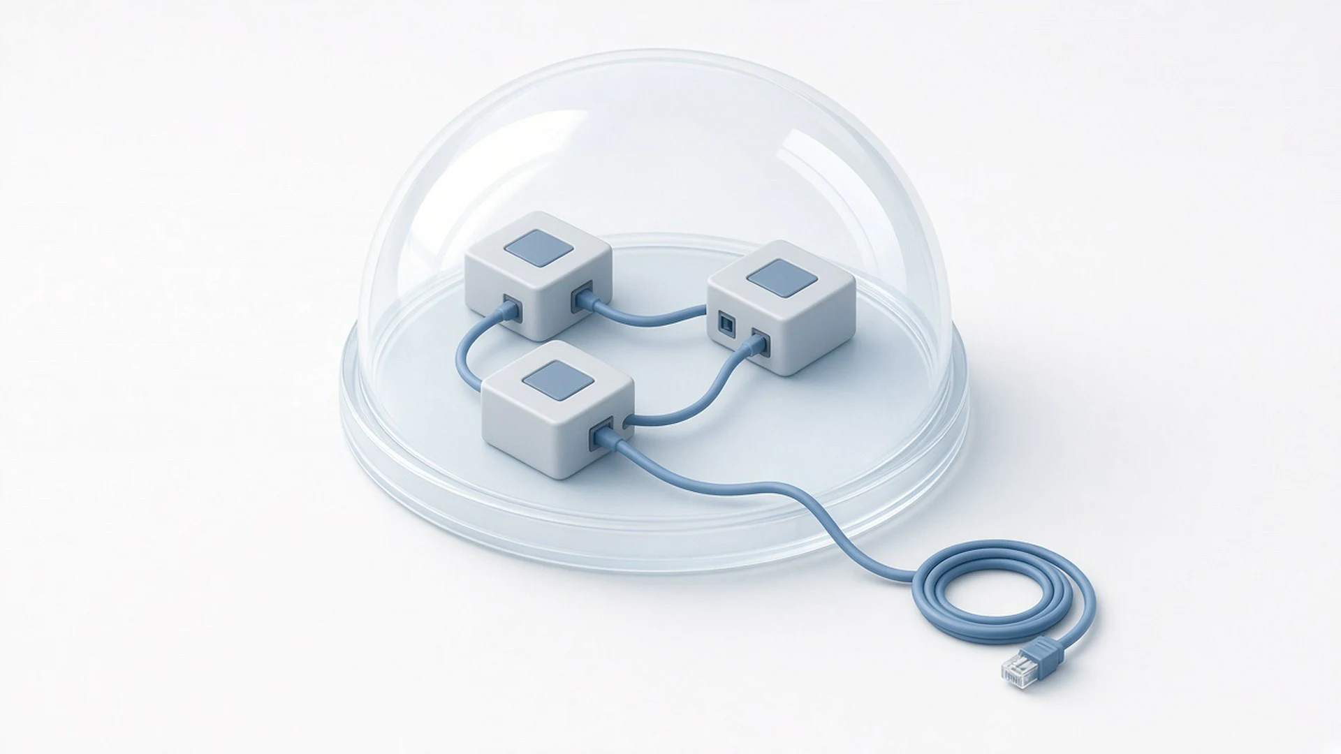 Isometric illustration of three computers inside a glass dome with an unplugged cable outside