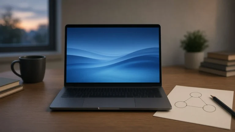 A laptop beside a paper sketch map of a small network with a magnifying glass