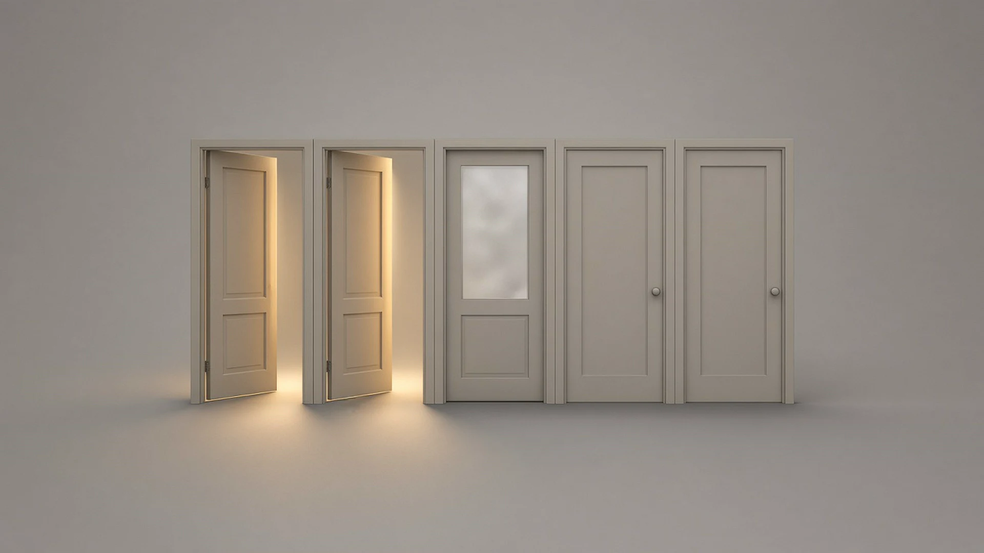 Corridor of open, closed and frosted glass doors representing open, closed and filtered ports