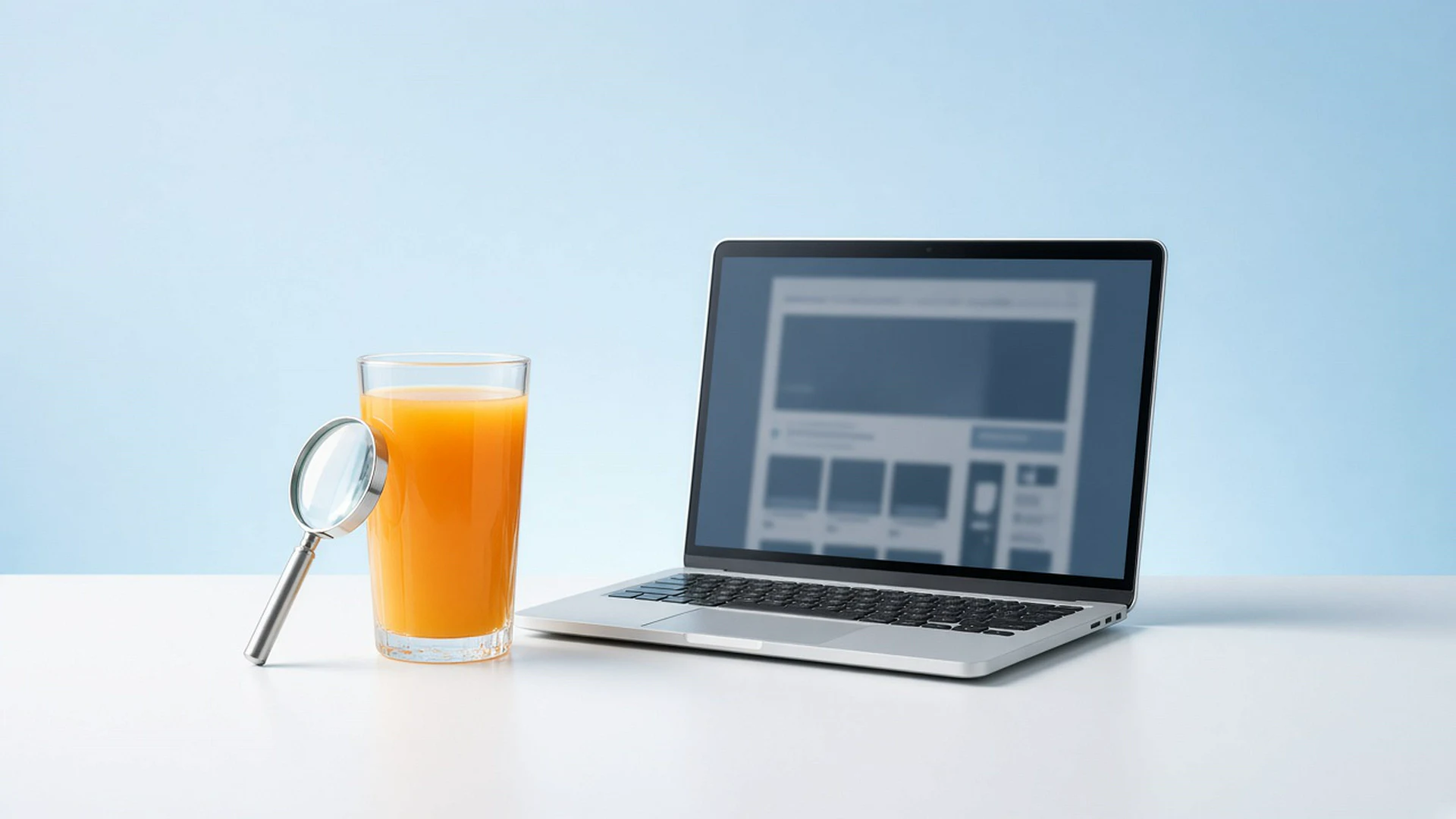 Glass of orange juice and a magnifying glass beside a laptop showing a blurred web shop page