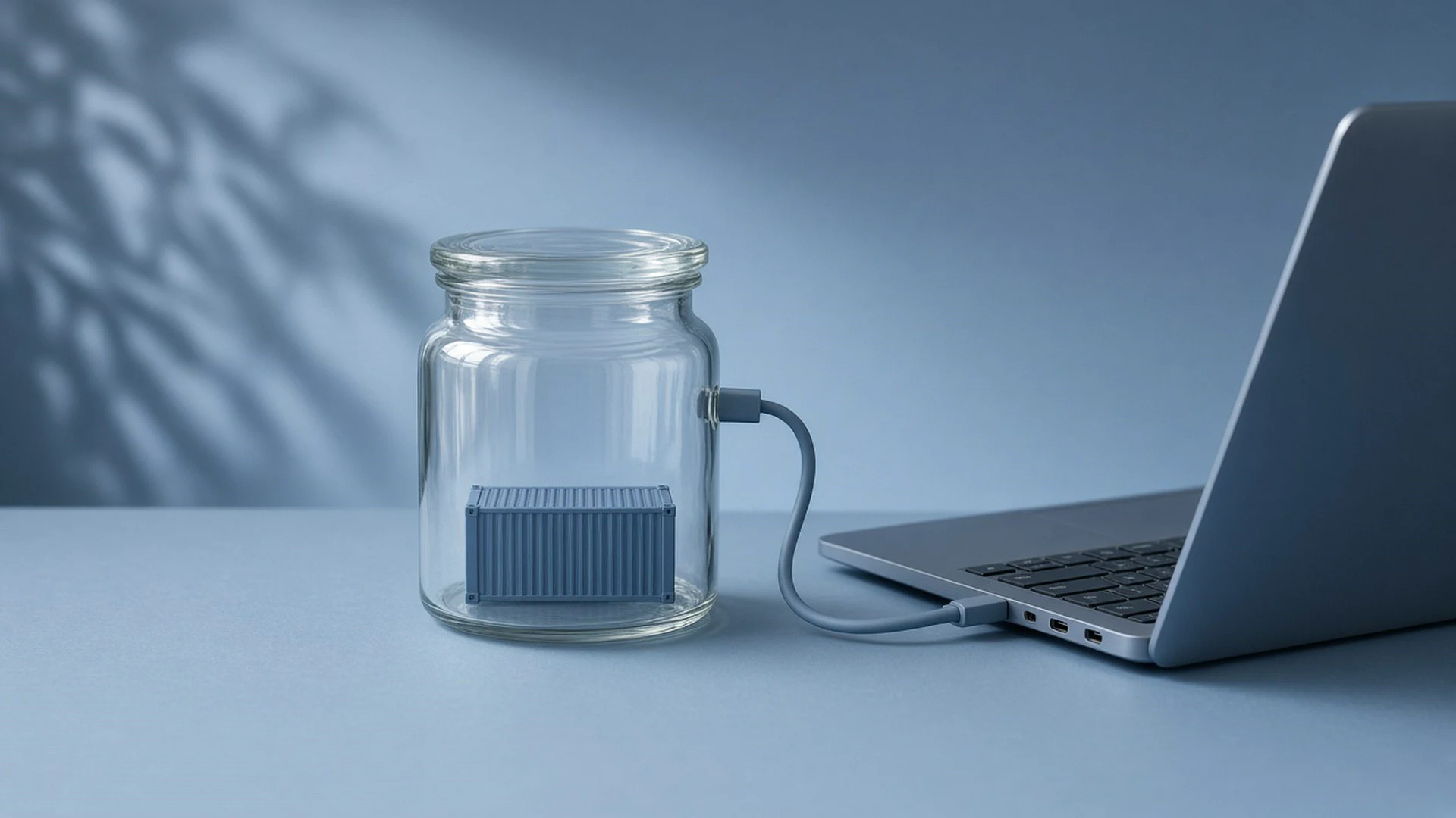 Toy shipping container sealed in a glass jar with one cable looping back into the same laptop