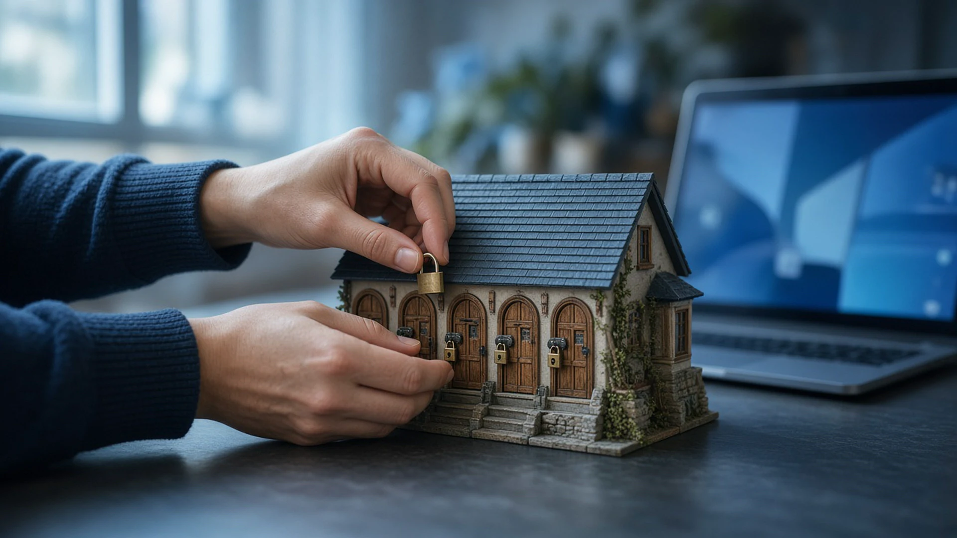 Hands checking the locks on small doors of a model house next to a laptop