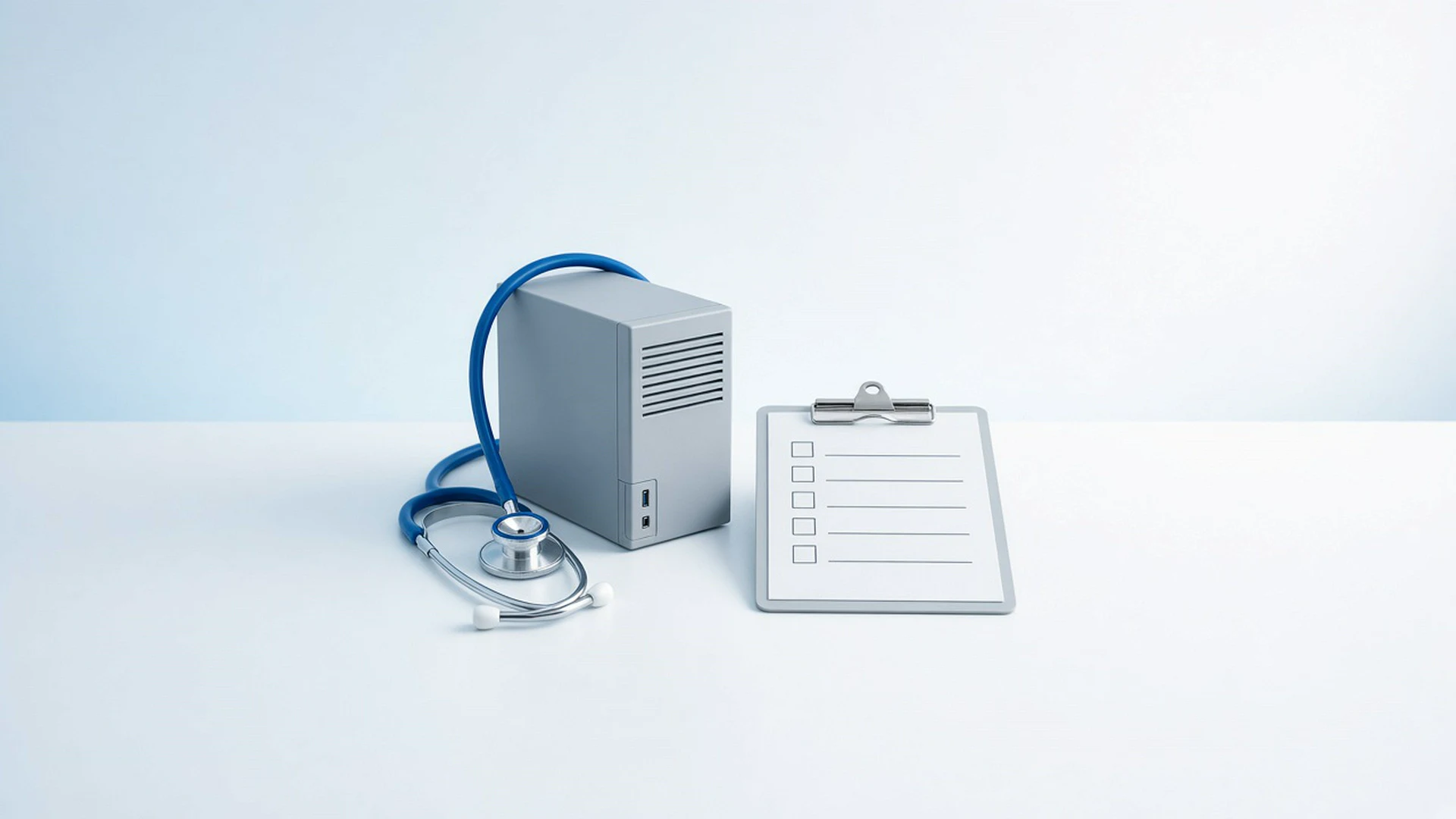 Stethoscope resting on a small computer tower beside a blank checklist clipboard