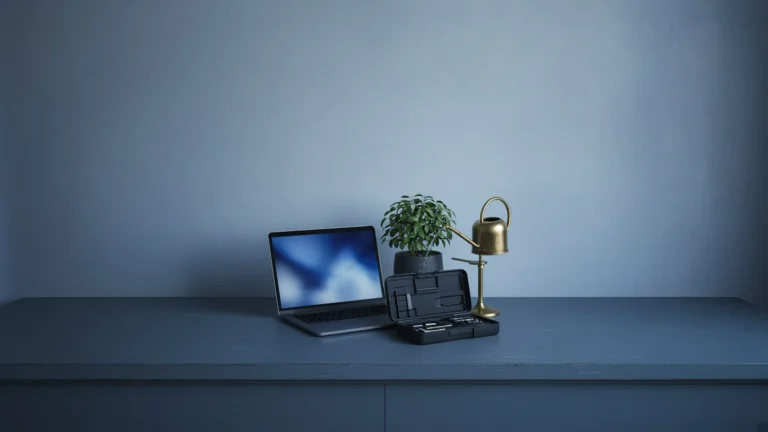 Laptop on a tidy workbench beside a potted plant being watered and an open toolkit