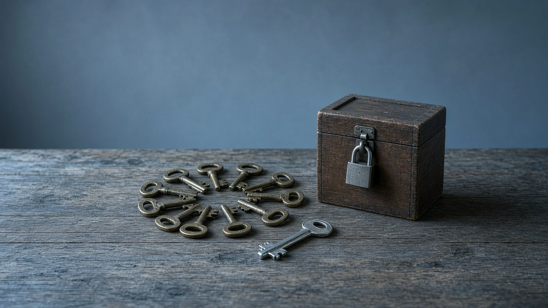 Ring of old brass keys with one shiny new key beside a padlocked wooden box