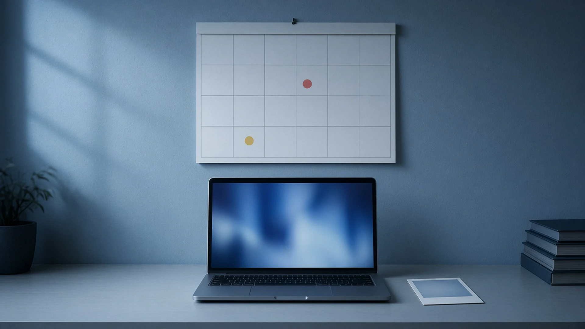 Blank wall calendar with coloured dots above a desk with a laptop and an instant photo