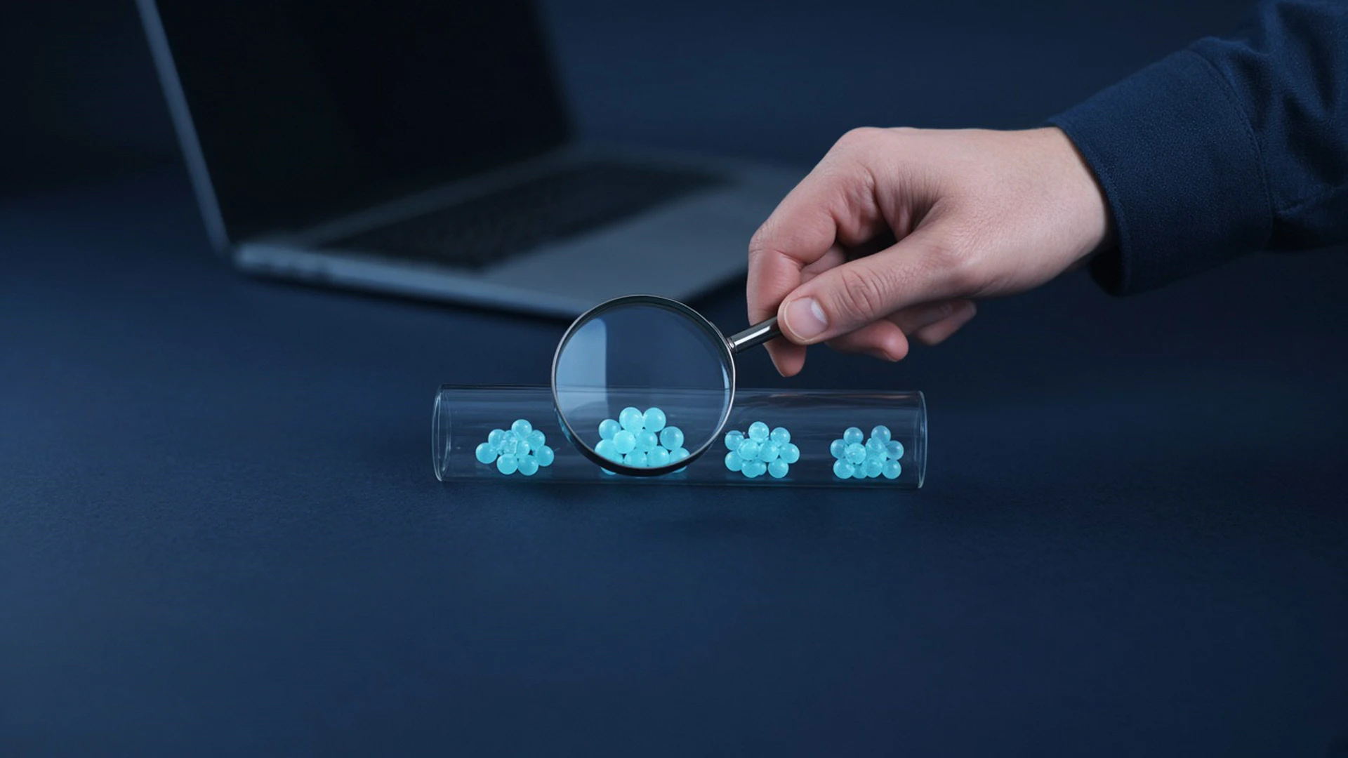 Hand holding a magnifying glass over blue glowing beads flowing through a clear glass pipe on a desk