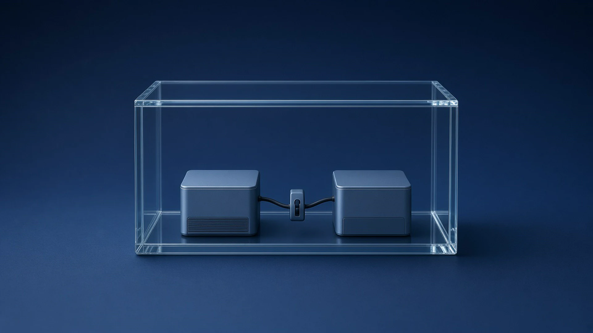 Two small computers joined by one cable inside a glass case with a small sensor clipped to the cable