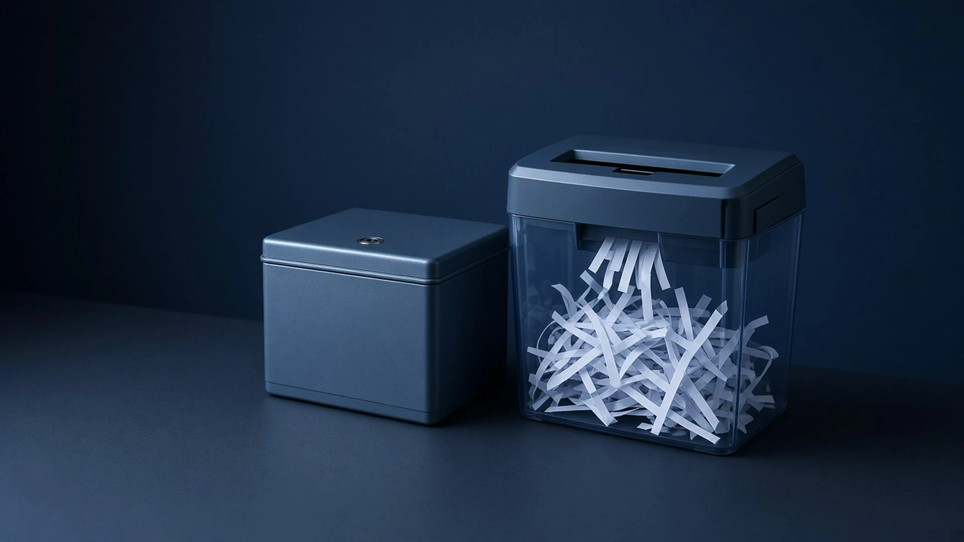 Steel blue lockbox beside a paper shredder with blank strips falling into a bin