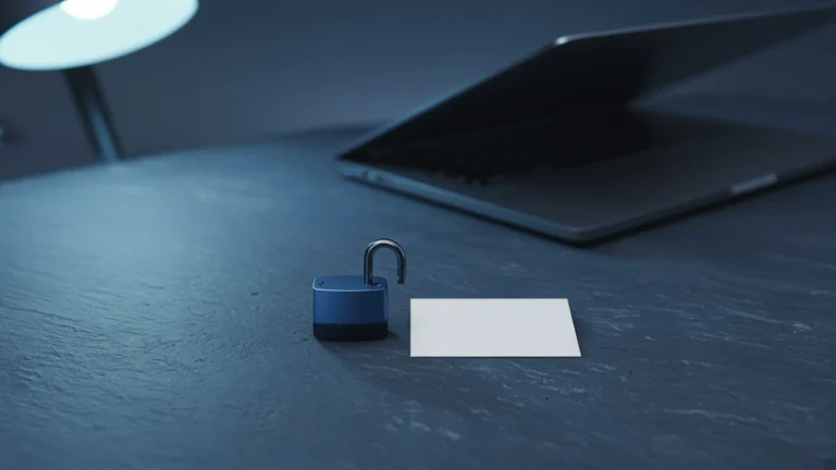 Open steel blue padlock on a desk beside a blank index card and a laptop under cool lamp light