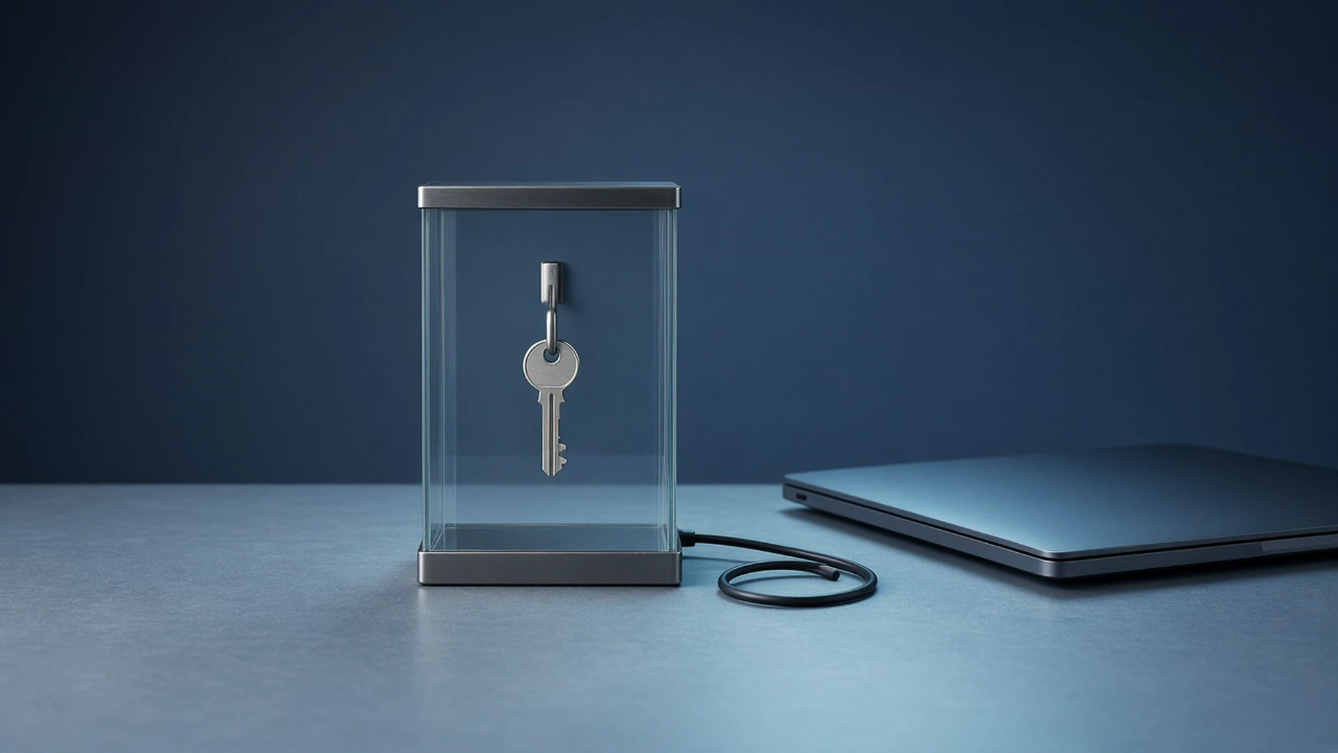 Blank key in a glass case with a cable looping back to a closed laptop