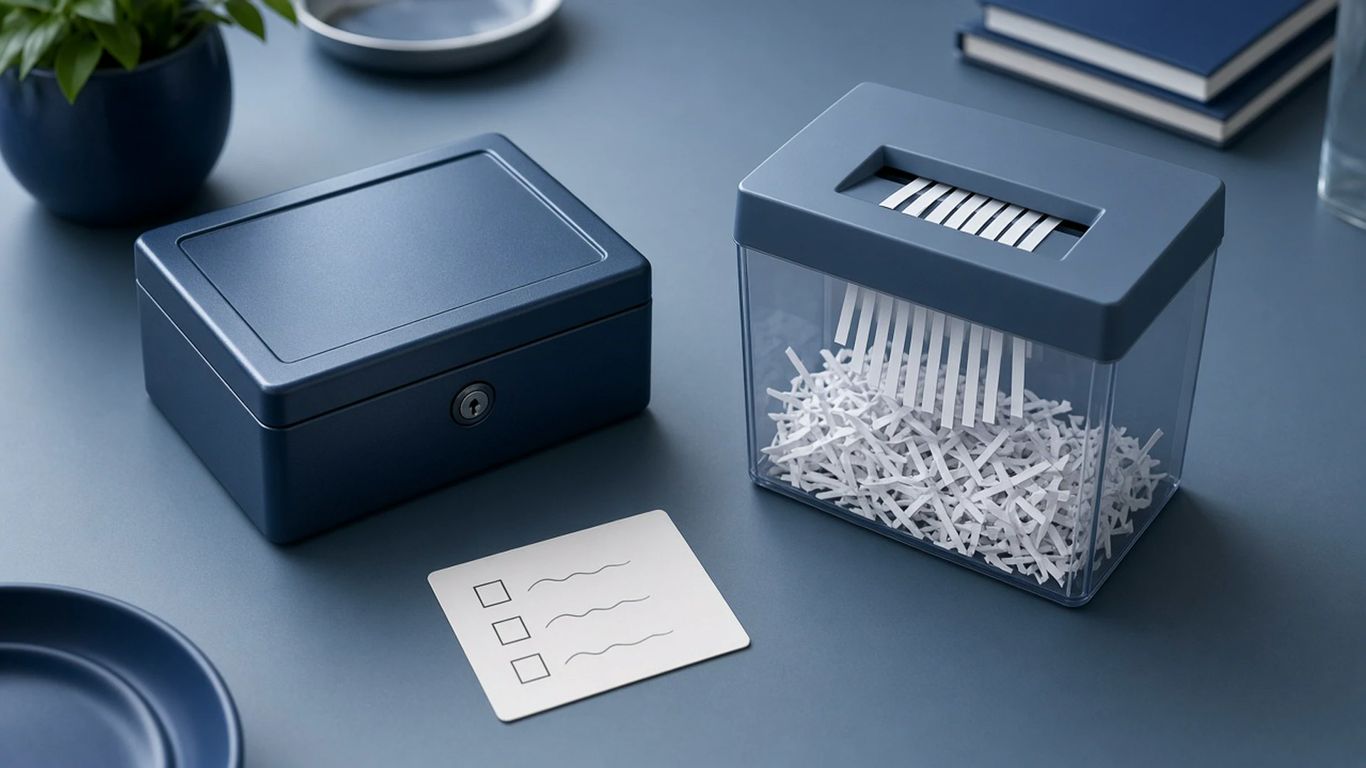 Closed lockbox beside a shredder with blank strips and a blank checklist card