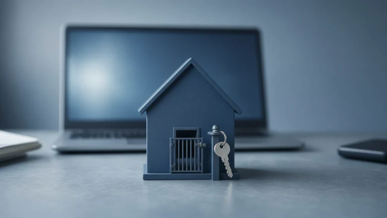 Steel blue model house with a closed gate and a key beside a blurred laptop