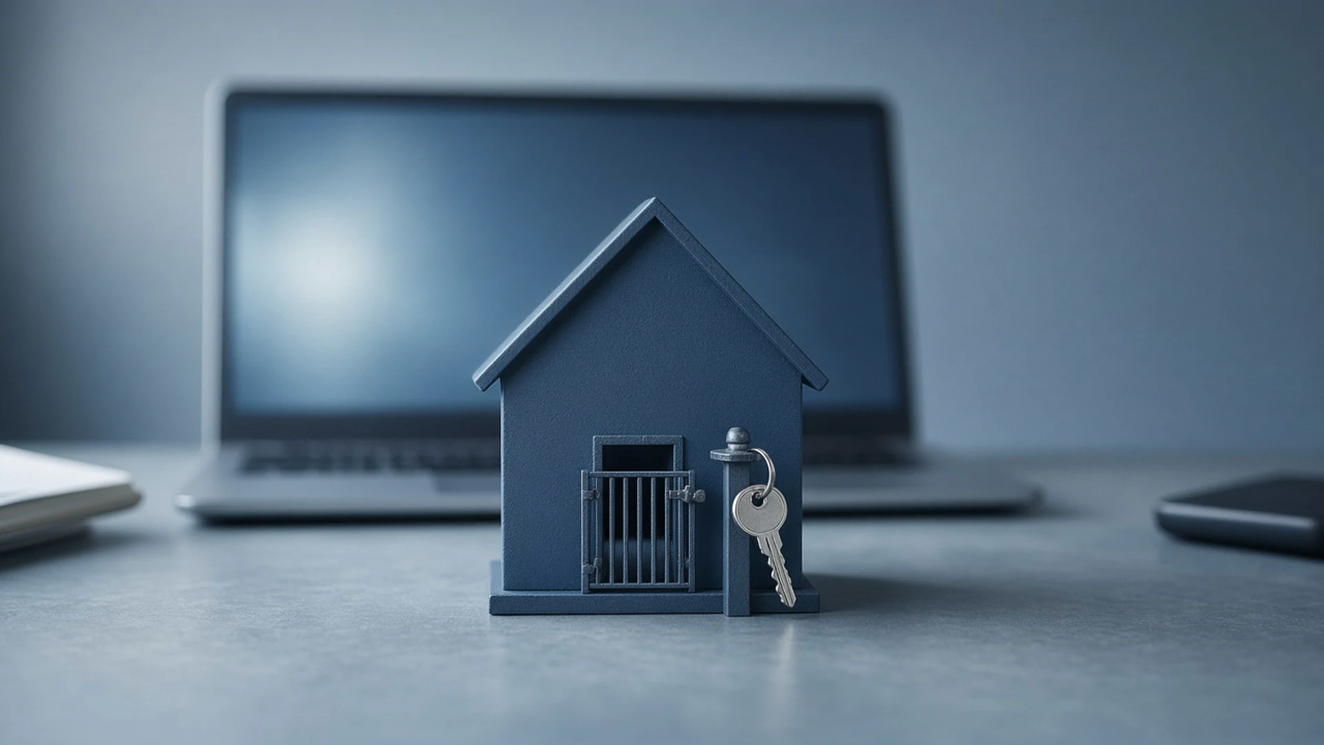 Steel blue model house with a closed gate and a key beside a blurred laptop