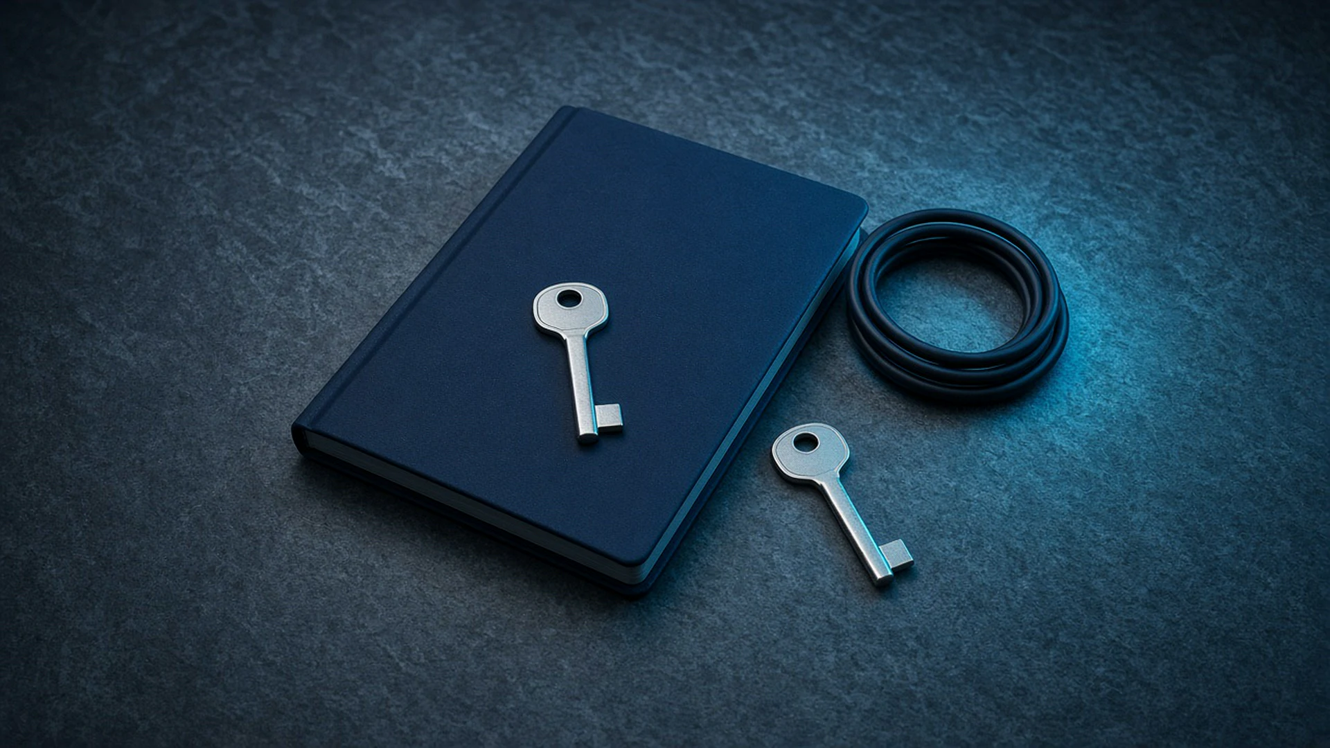 Two blank metal keys on a desk beside a closed notebook and a coiled cable