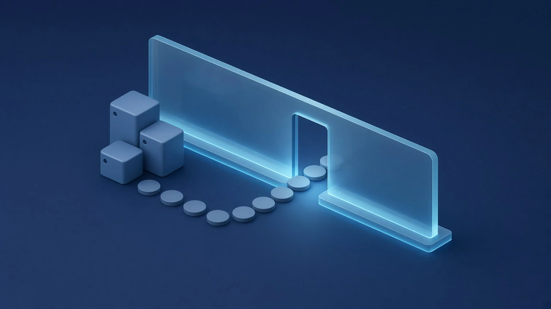 Translucent blue wall with one doorway and stepping stones from a cluster of computer blocks