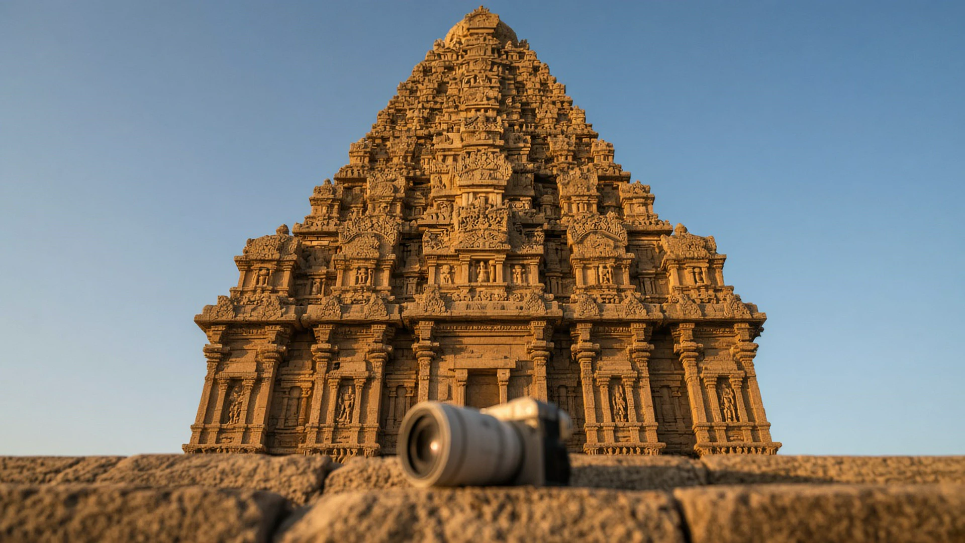 Upright stone building facade at golden hour with a mirrorless camera in the foreground.