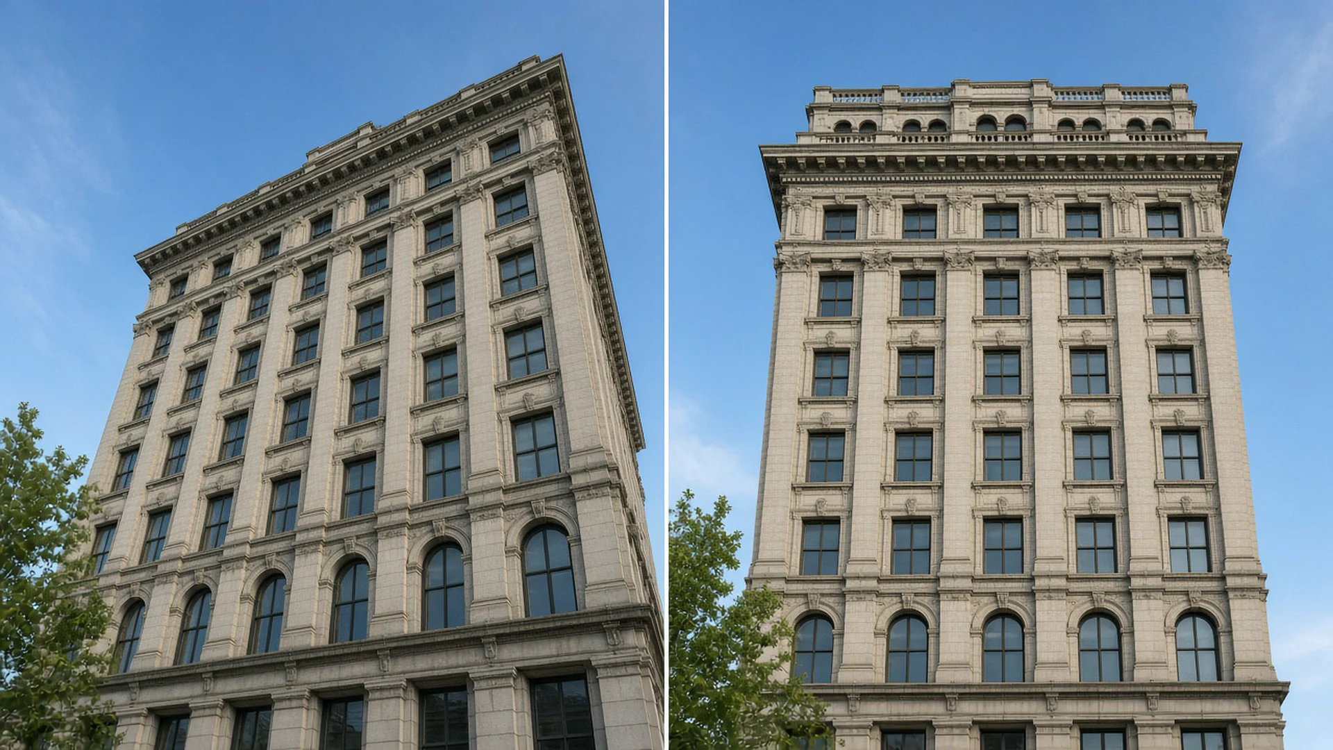 Before and after of a building photo, leaning walls corrected to vertical.