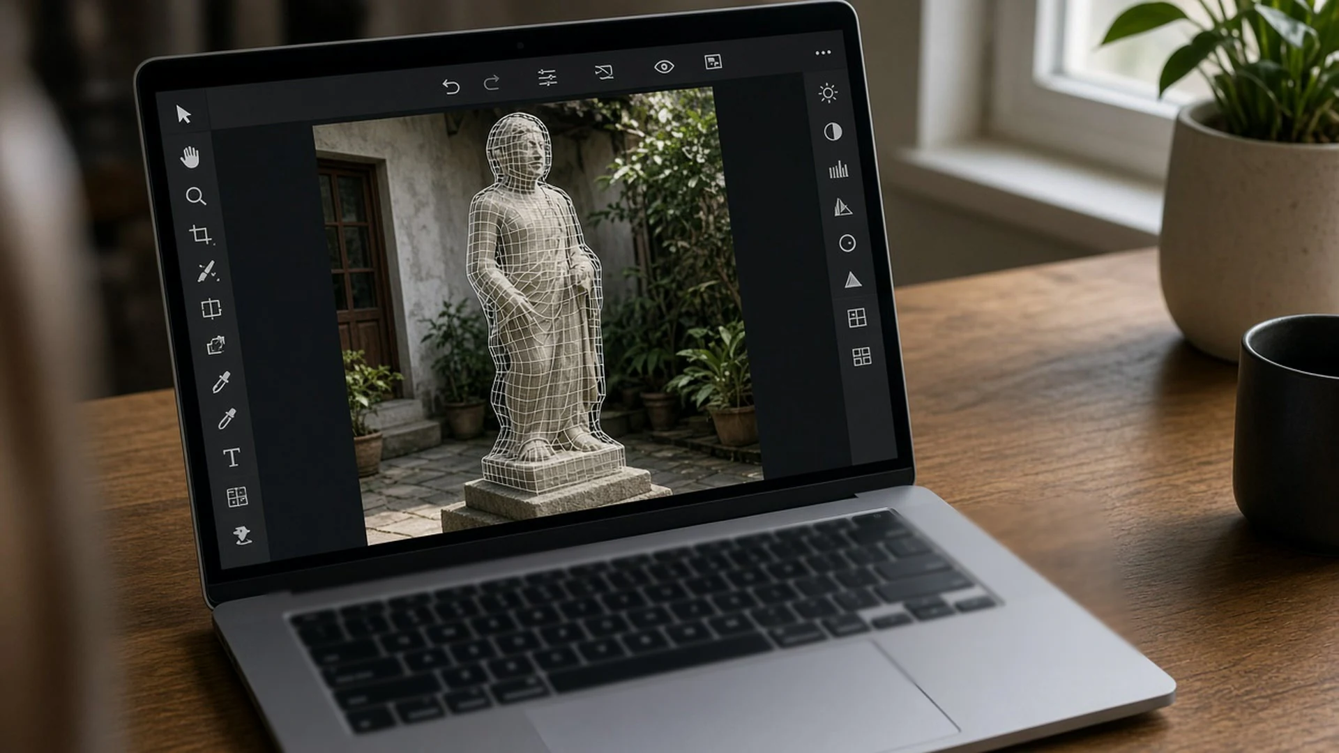 Laptop screen showing a mesh grid fitted around a statue in a photo editor.