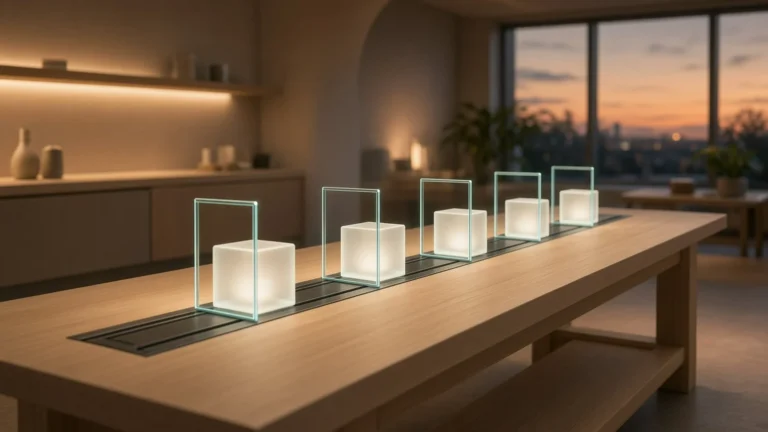 A softly lit software assembly line where glowing code blocks pass through stations of light for spec, build, test, review and ship