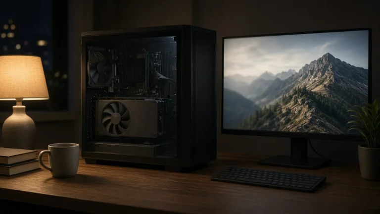 Gaming PC at night with an older graphics card and a monitor showing a landscape sharpening left to right