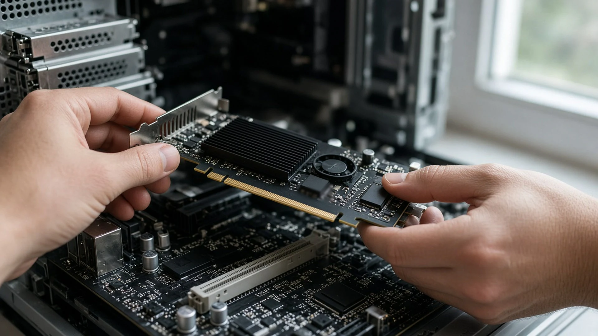 Hands slotting a graphics card into a motherboard