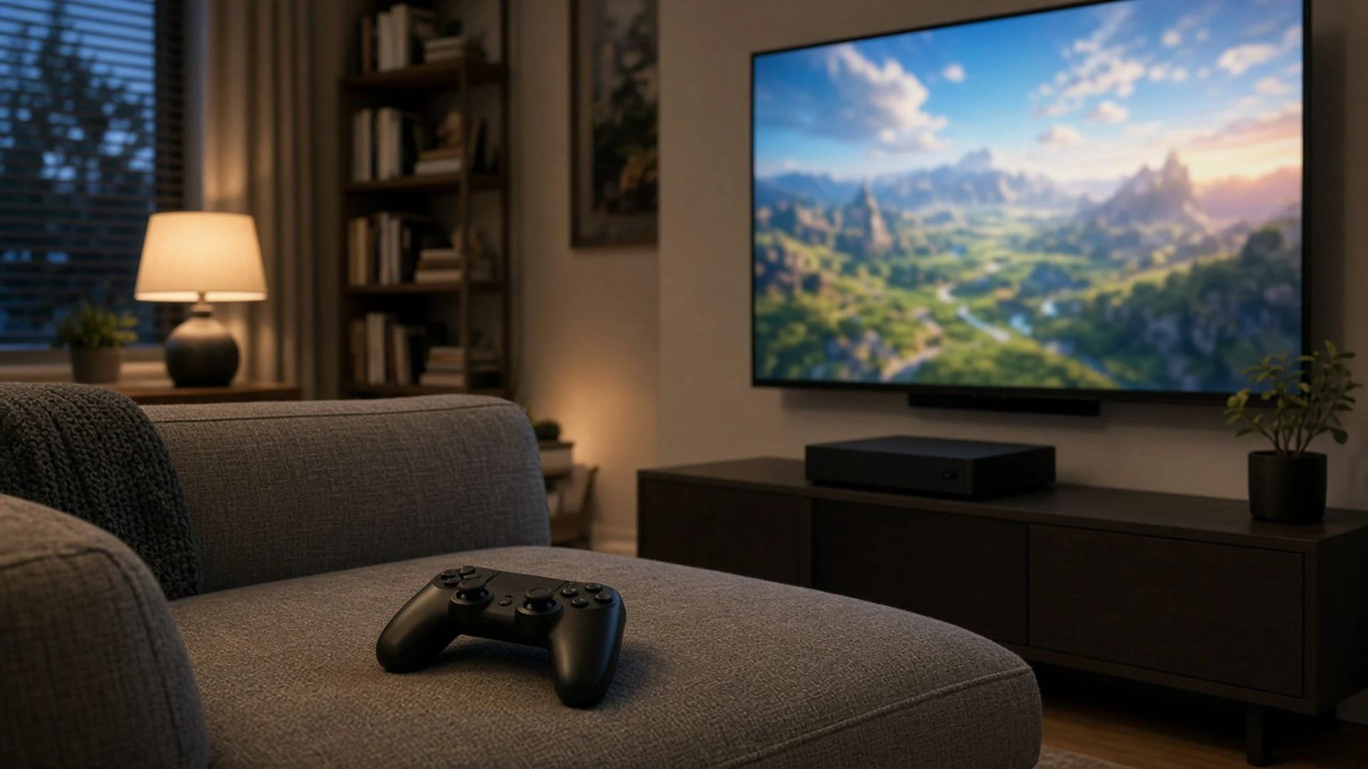 Game console under a large TV showing a colourful open world scene