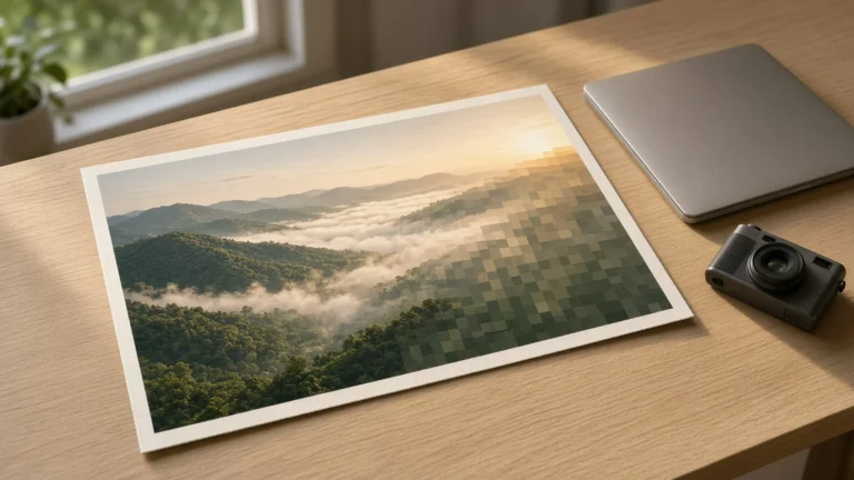 A misty mountain ridge photo print, half crisp and half dissolving into soft tiles, on a wooden desk