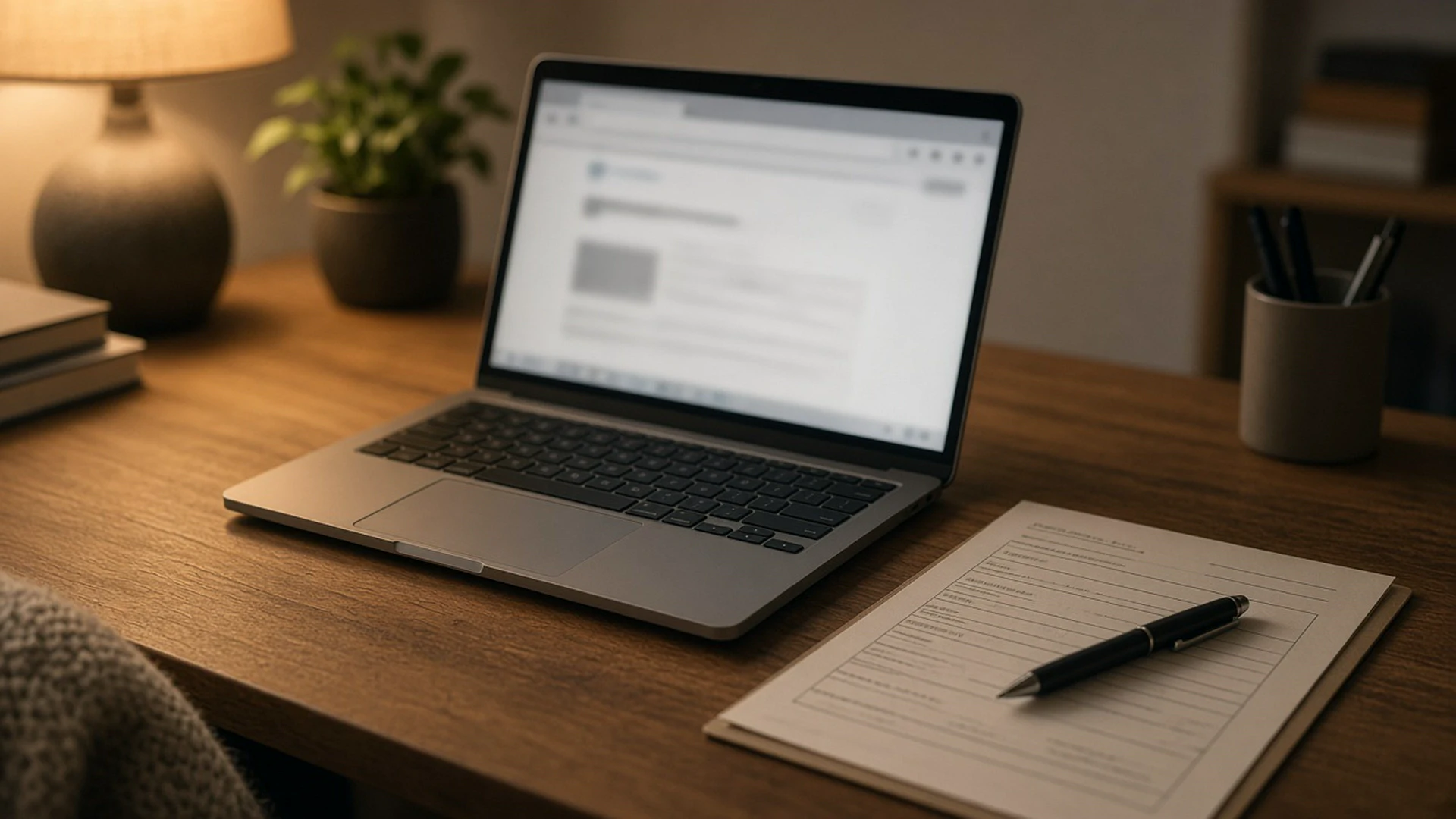 Cosy desk with a laptop showing a blurred browser window, a paper form and pen beside it