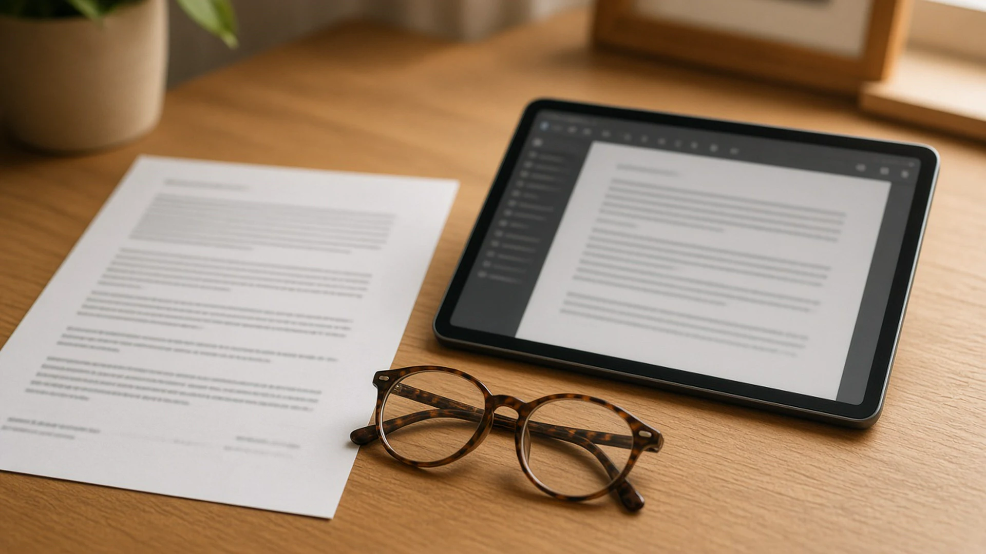 Printed document and its PDF version on a tablet, with reading glasses nearby