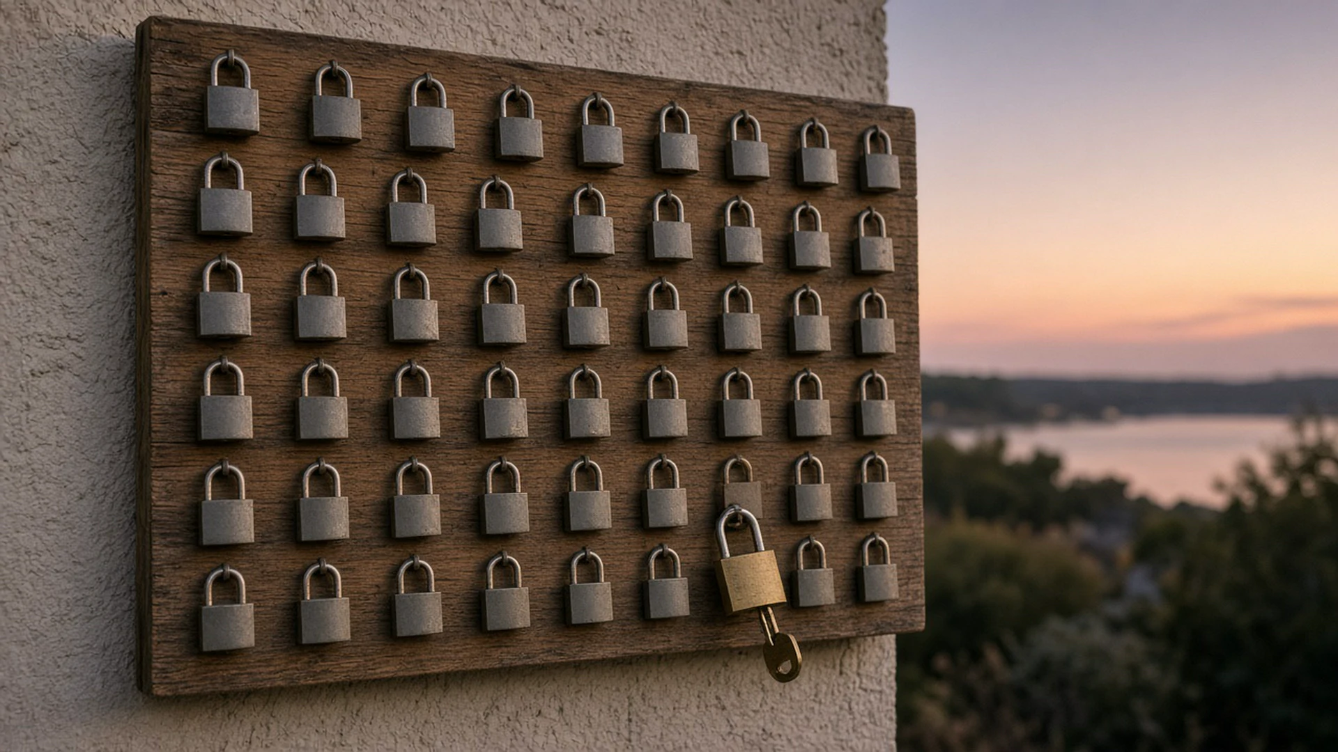 Wall of small padlocks being checked one by one with a brass key