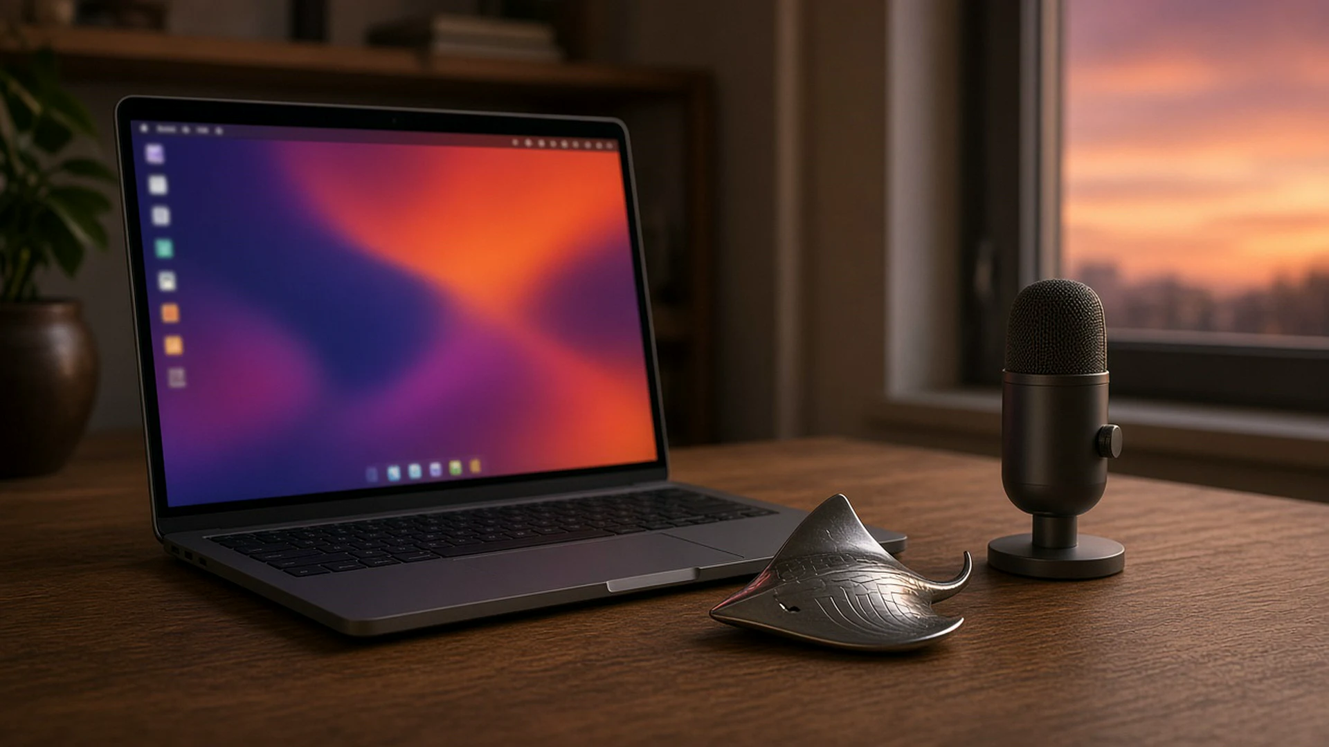 Warm desk at dusk with a laptop, a stingray shaped ornament and a microphone nearby