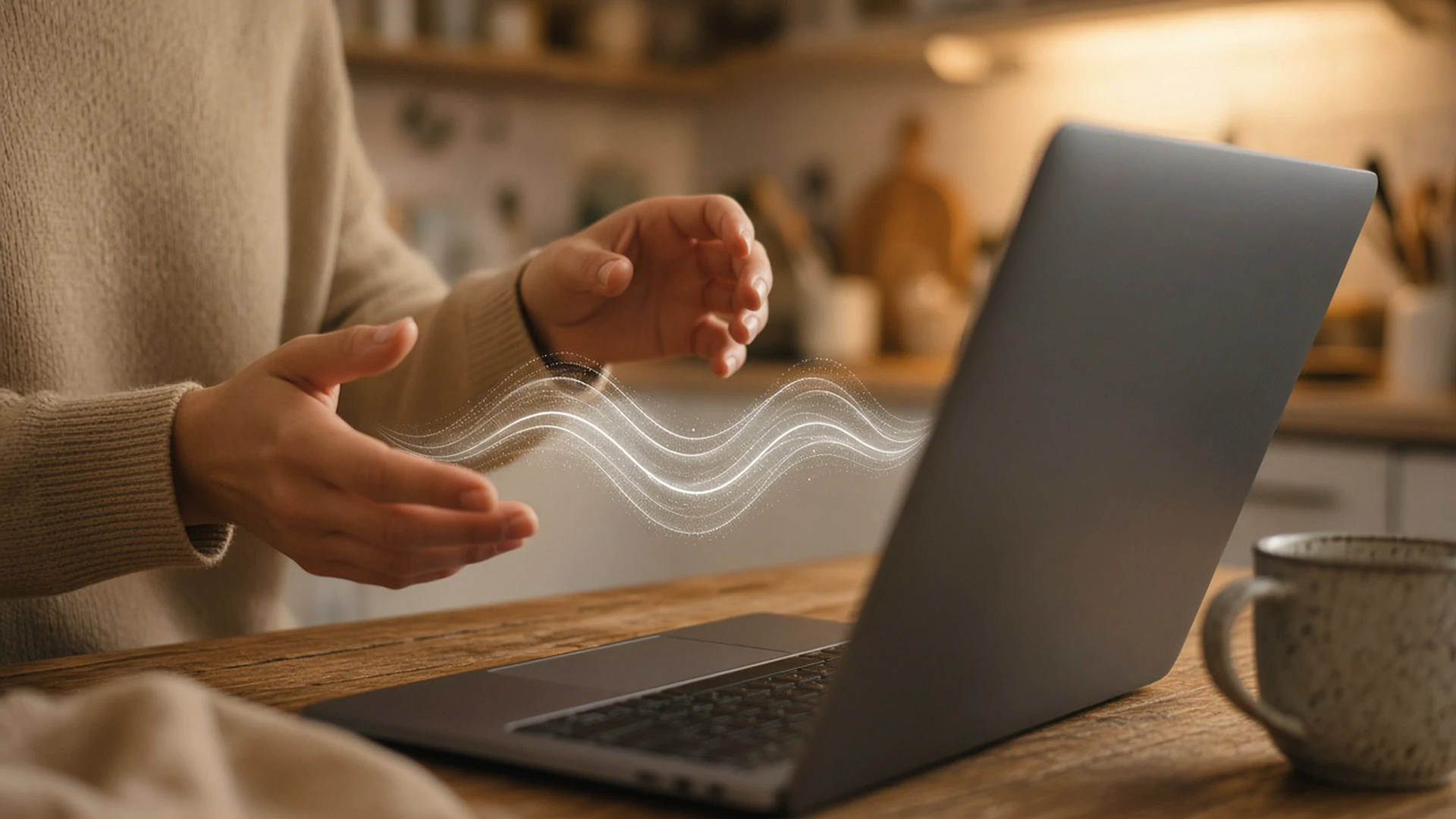 Hands dictating to a laptop at a kitchen table, speech shown as soft sound waves