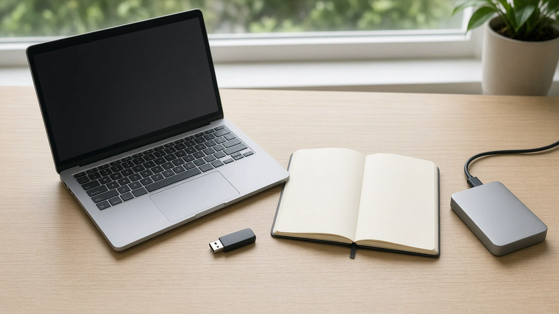 Workbench with a laptop, USB recovery drive, notebook and backup hard drive