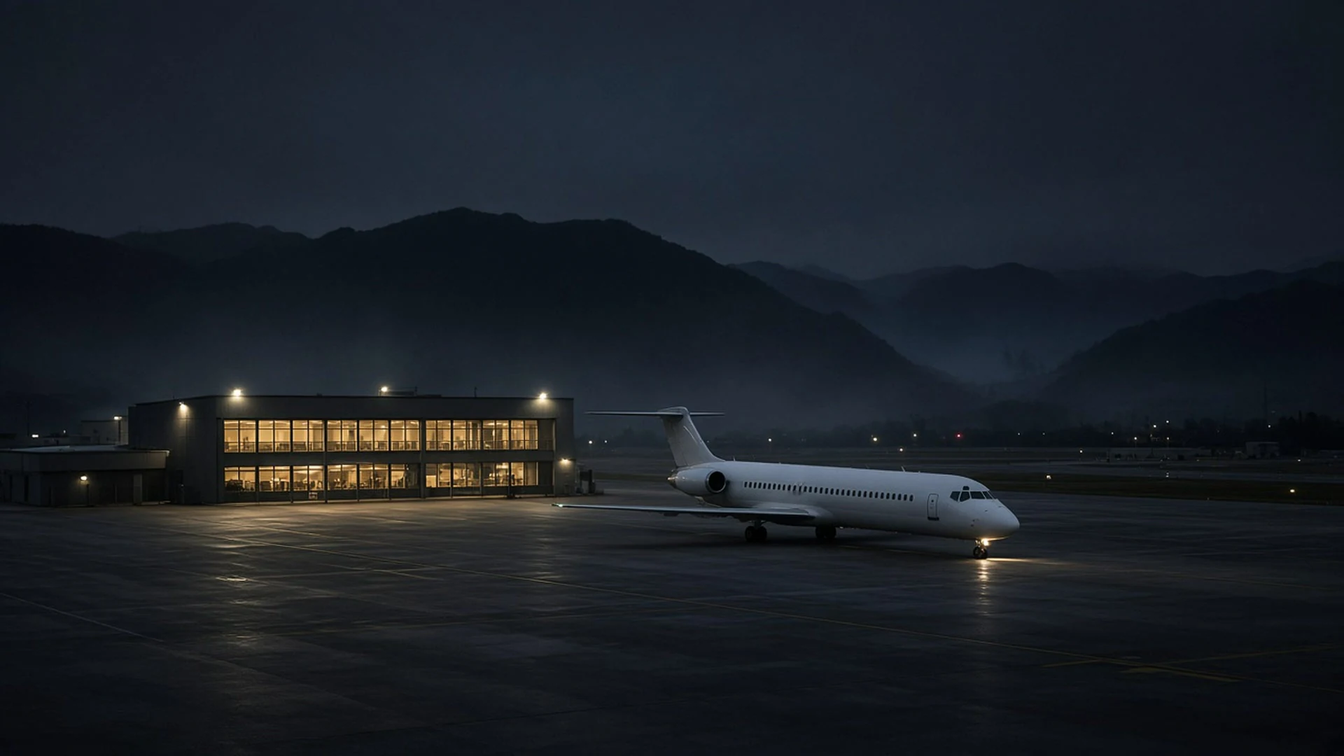 Airport terminal at night with lit windows and a jet taxiing under hills