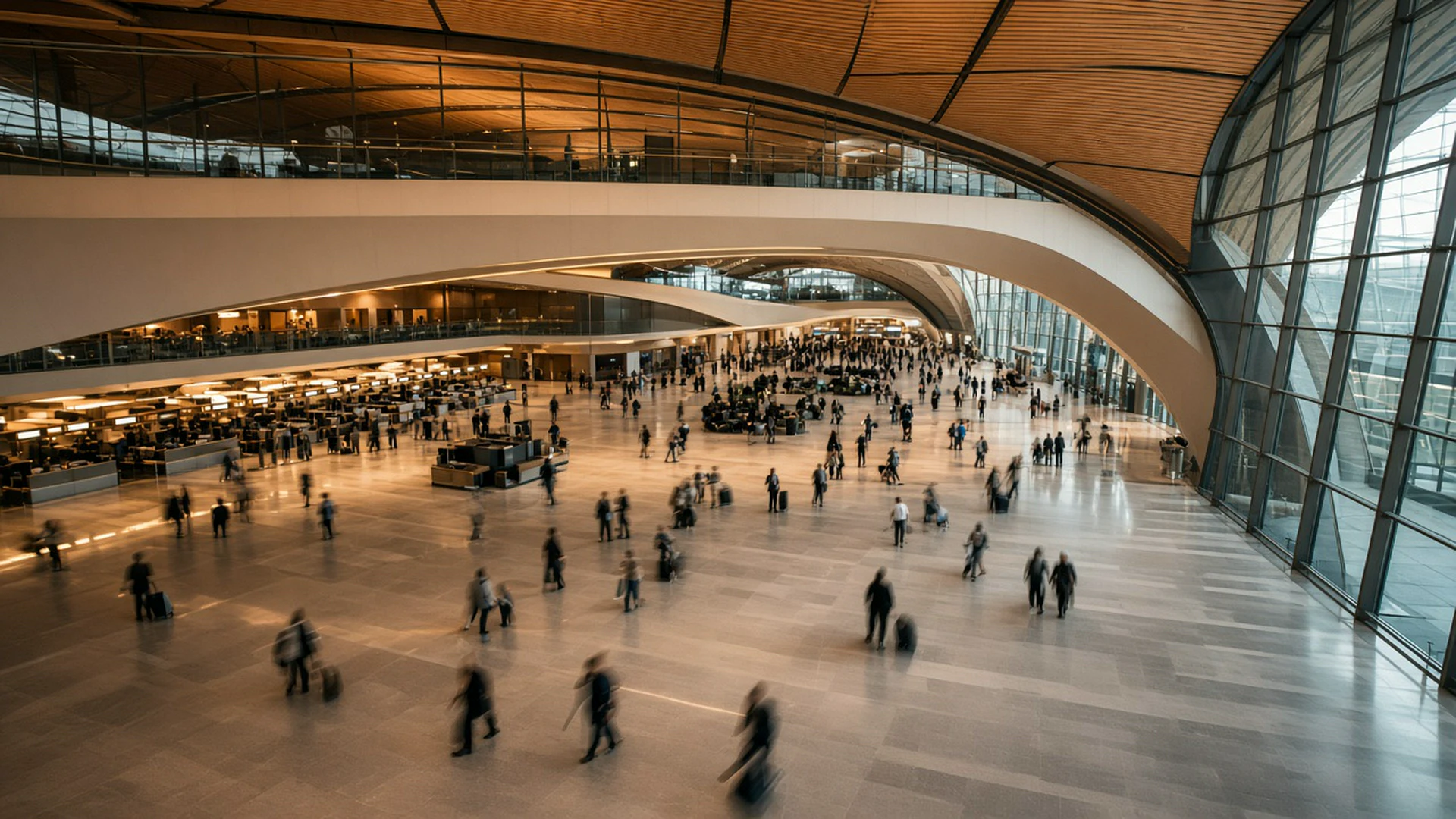 Busy international departure hall with travellers as small blurred figures